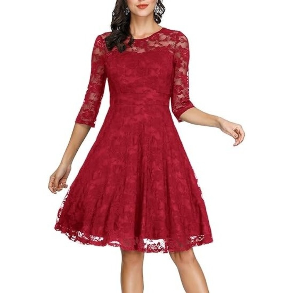 Women's Red Lace 3/4 Sleeve Fit and Flare Midi Dress Formal Party Occasion sz M‎